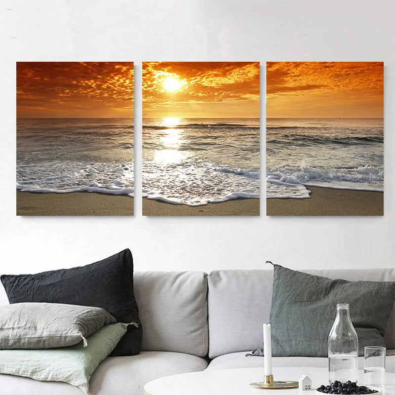 3pcs Framed Seaside Scenery Wall Art Canvas Painting Nordic Beach Sunset Print Poster Modern Living Room Home Decor Mural