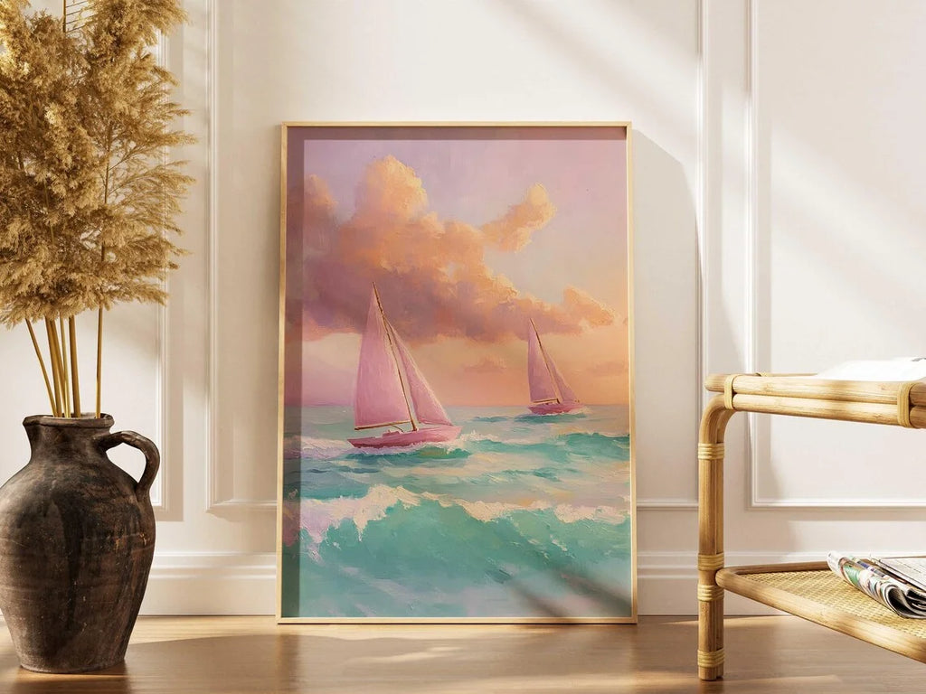 Pastel Sunset Print Blush Pink Coastal Beach Preppy Ocean Painting Poster Boho Wall Art Decor Girly Dorm Teen Room Prints Framed