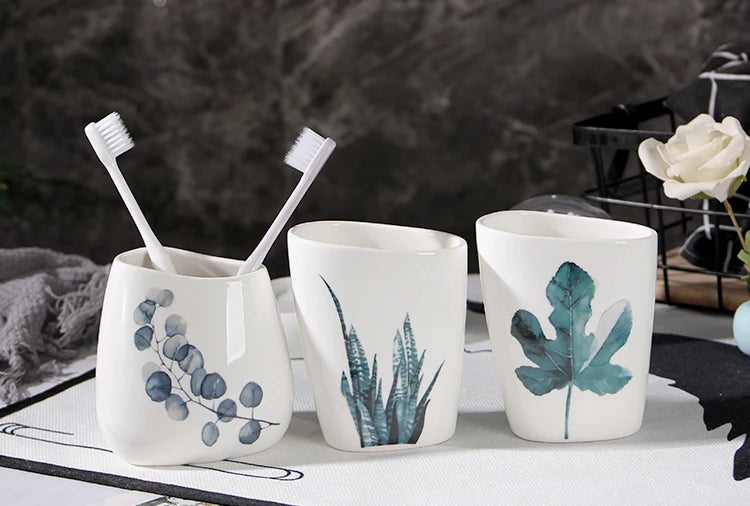 Green Nordic Ceramic Bathroom Set - Soap Dispenser, Toothbrush Holder, Tumbler & Soap Dish for Stylish Bathroom Organization