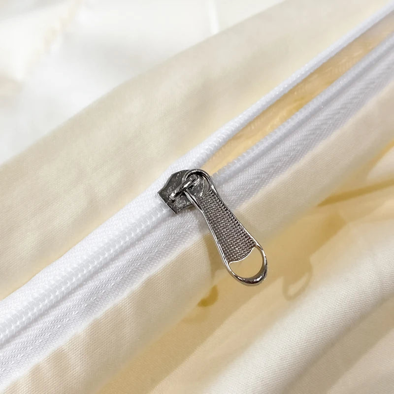 Golden Flowers Sea Embroidery Bedding Set Luxury Beige Cotton Duvet Cover Flat or Fitted Bed Sheet Pillowcases Solid Color