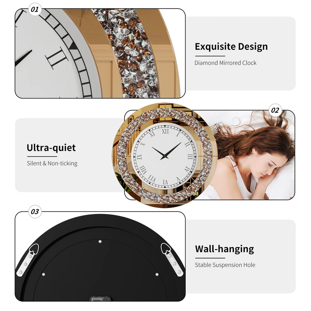 60/80CM Bling Silver Round Mirror Clock Glam Sparkle Twinkle Shining Mirrored Wall Clock for Home Decor