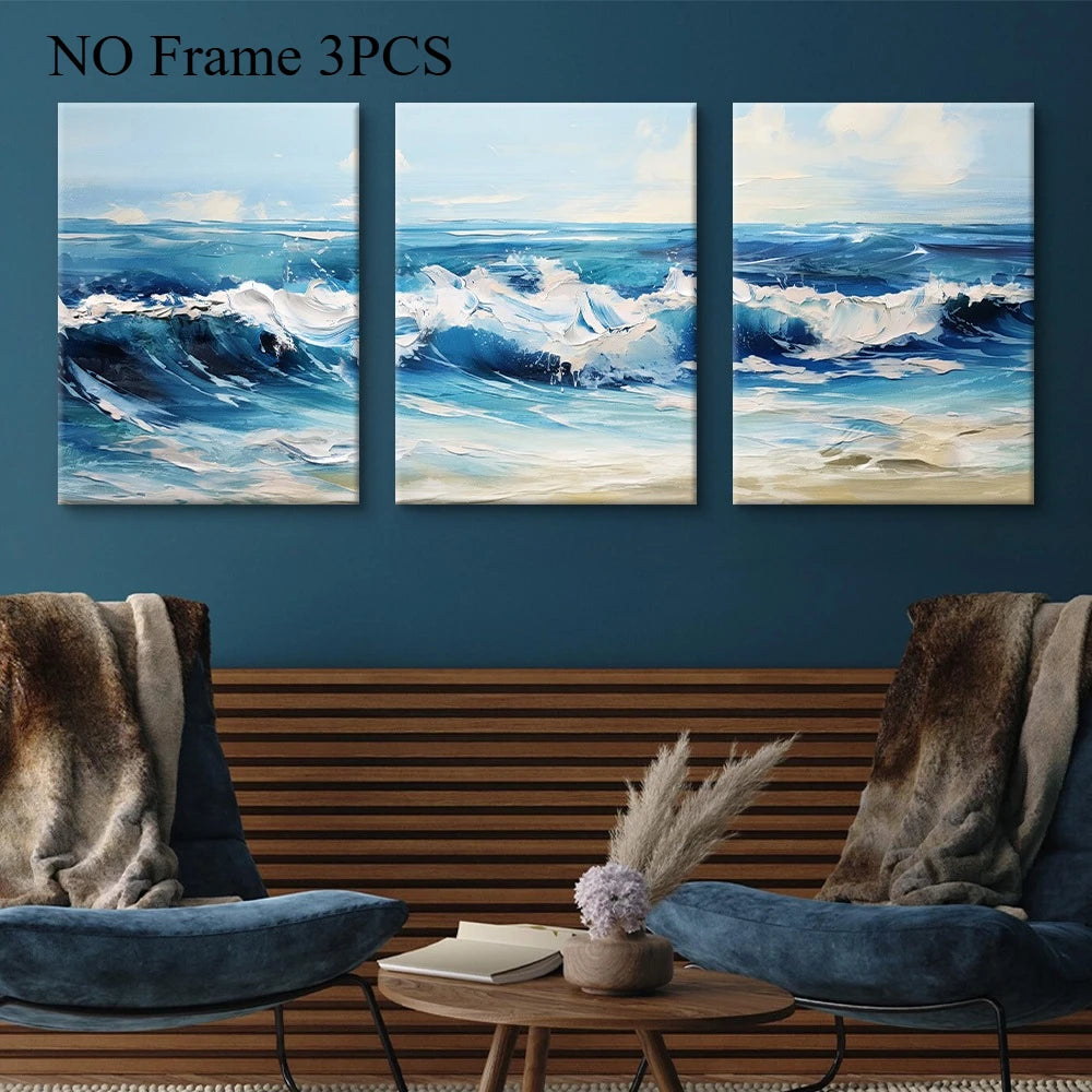 Scandinavian Blue Ocean Art Wall Simple Abstract Ocean Waves Landscape With Frame Canvas Painting Print Home  Aesthetic Decor
