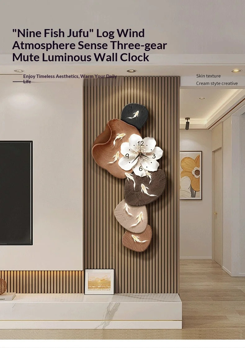 Wall Clock Modern Minimalist Nine Koi Fish Large Silent Wall Clock Home Decor Living Room Bedroom TV Background No Drilling