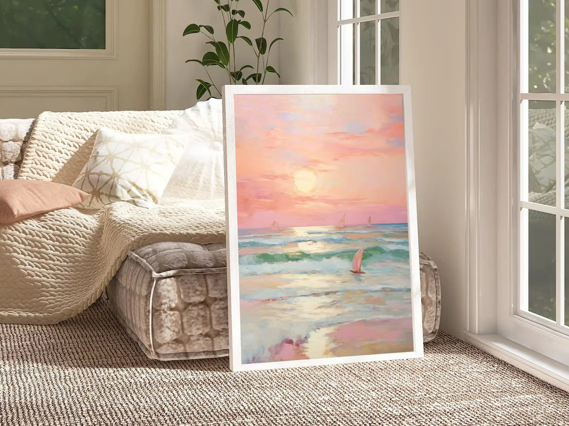 Pastel Sunset Print Blush Pink Coastal Beach Preppy Ocean Painting Poster Boho Wall Art Decor Girly Dorm Teen Room Prints Framed