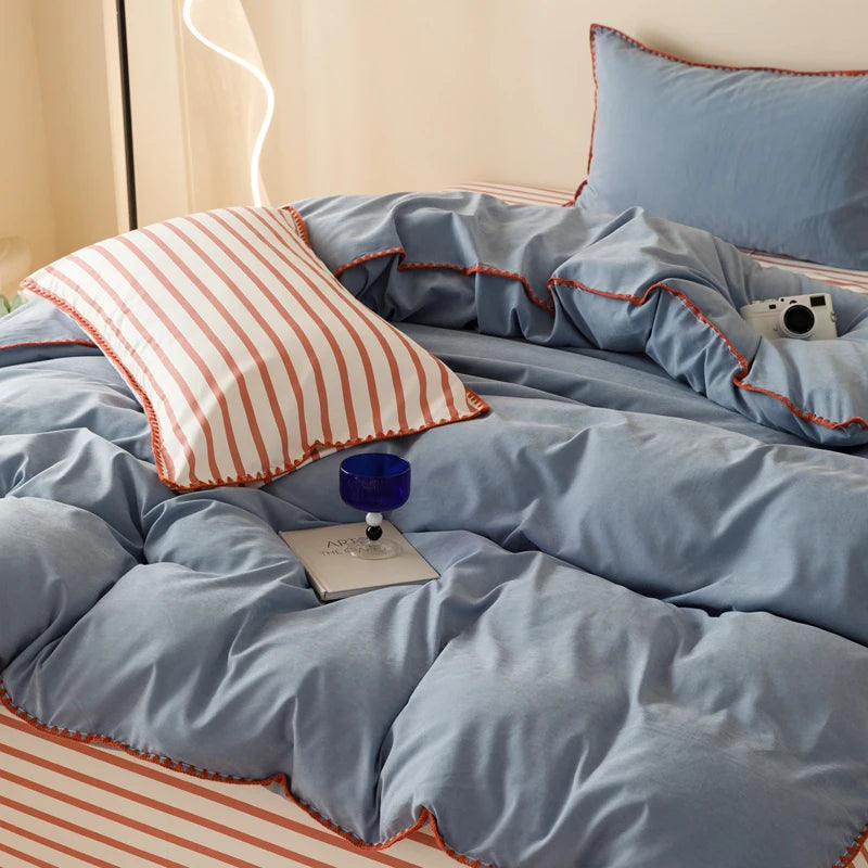 Purple Blue Bedding Set Protein Durable Washed Cotton Color Block Shell Embroidery Comforter Cover Full Size with Pillowcases