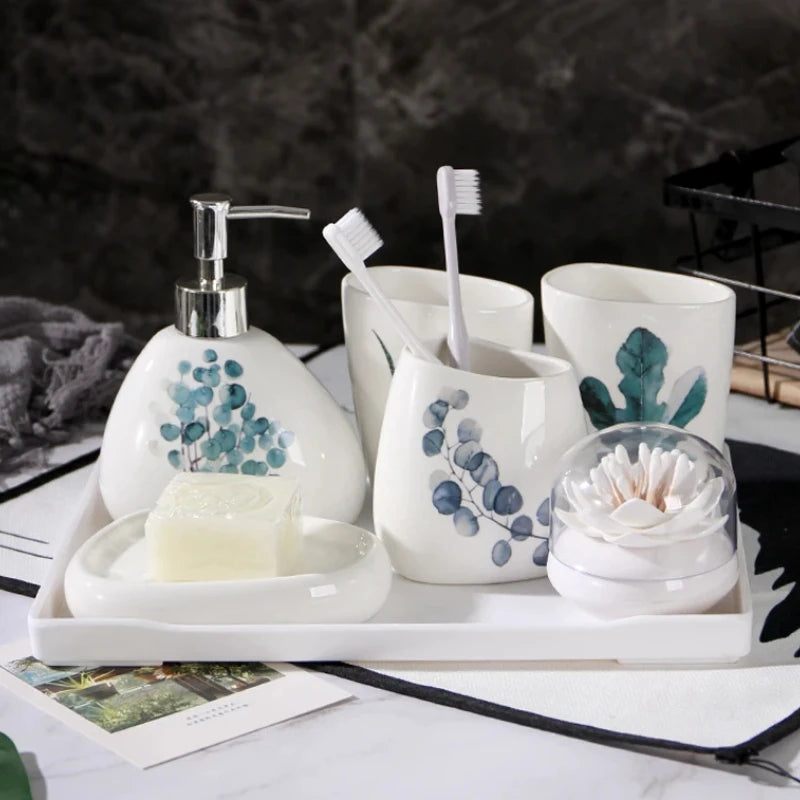 Green Nordic Ceramic Bathroom Set - Soap Dispenser, Toothbrush Holder, Tumbler & Soap Dish for Stylish Bathroom Organization