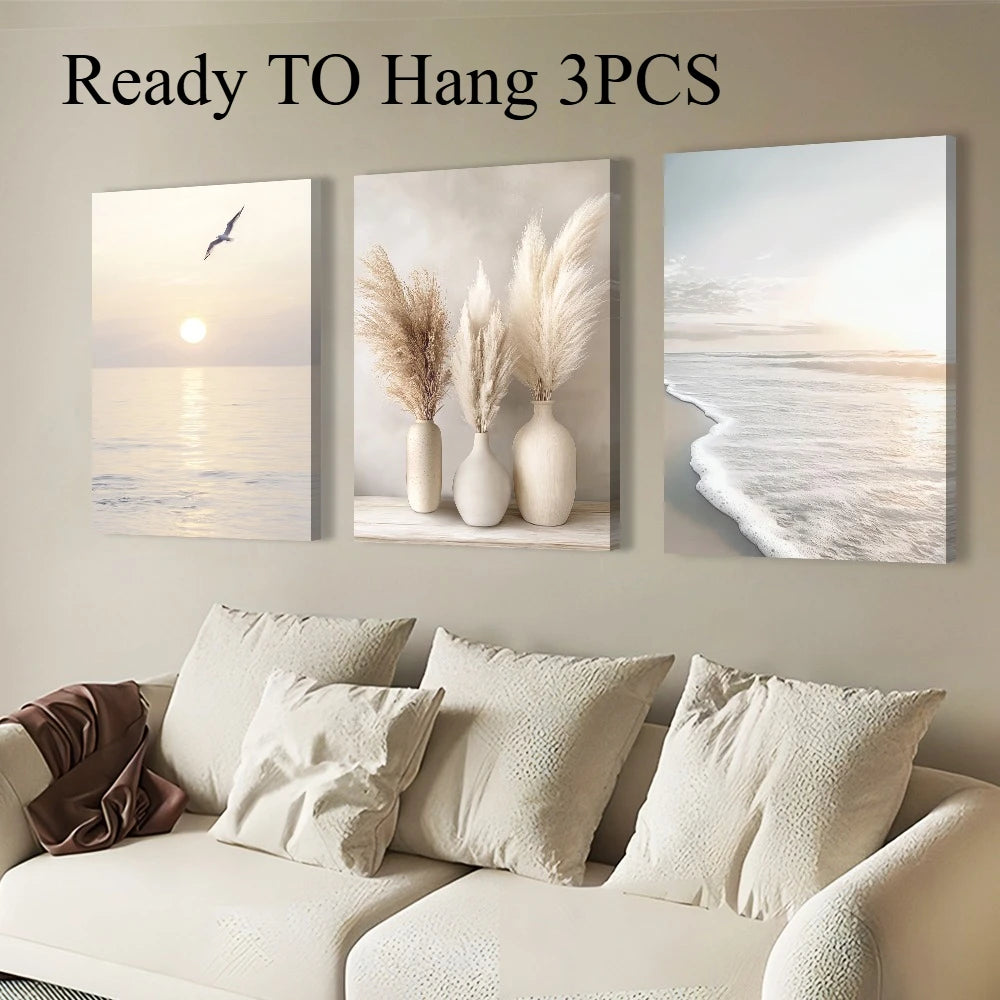 Sunrise Beach Waves Beige Landscape Poster Summer Beach Landscape Framed Canvas Painting Nature Landscape Office Home Decorating