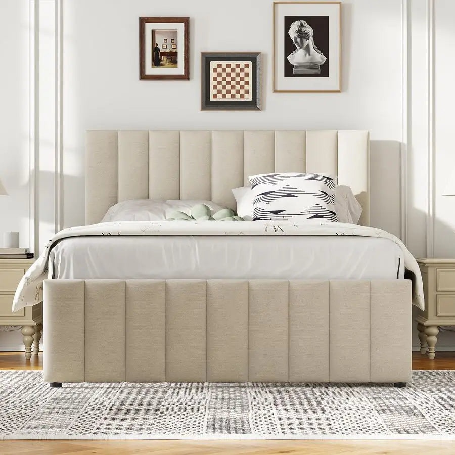 Harper Bright Designs Full Size Bed with PullOut Trundle and 3 Storage Drawers Underneath, Linen Upholstered Full Platform Bed