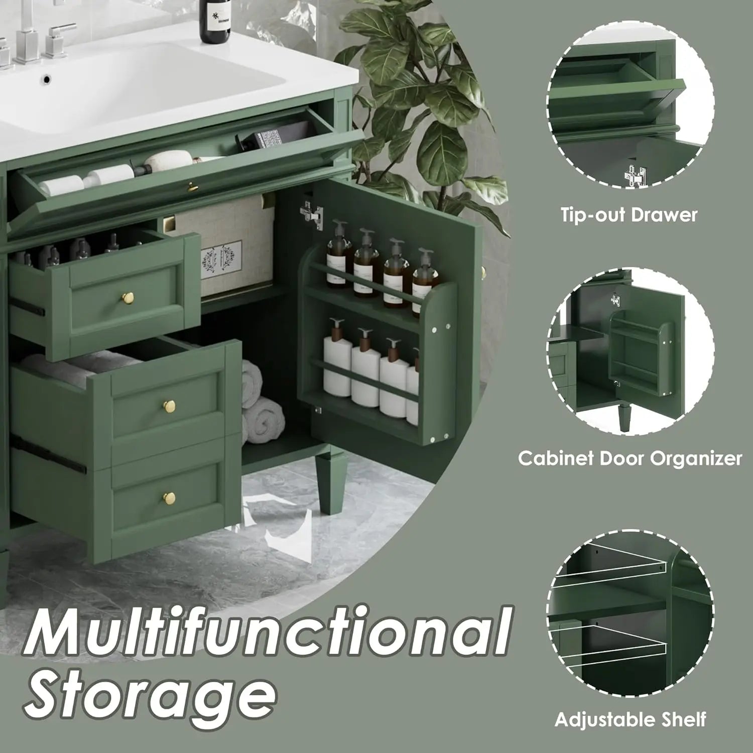 36in Solid Wood Bathroom Vanity with Soft-Close Doors & Tip-Out Drawer Undermount Sink Cabinet Green Customized
