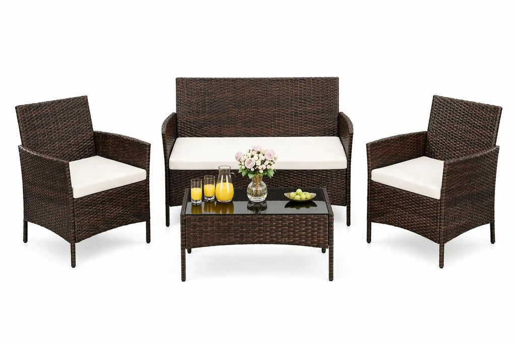 4pcs Patio Furniture Set, 1 Glass Coffee Table And 3 Cushioned Chairs, Outdoor Furniture For Garden Balcony Backyard Poolside