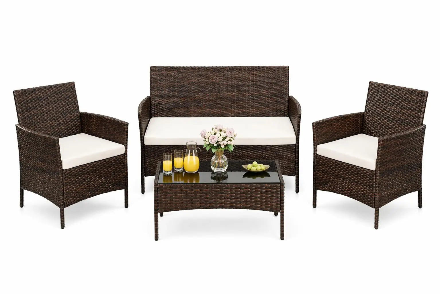 4pcs Patio Furniture Set, 1 Glass Coffee Table And 3 Cushioned Chairs, Outdoor Furniture For Garden Balcony Backyard Poolside