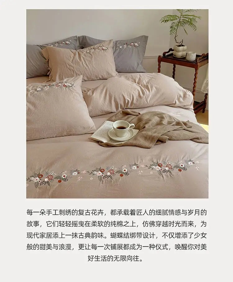 New Chinese embroidery washed cotton soft quilt cover bed sheet four-piece set