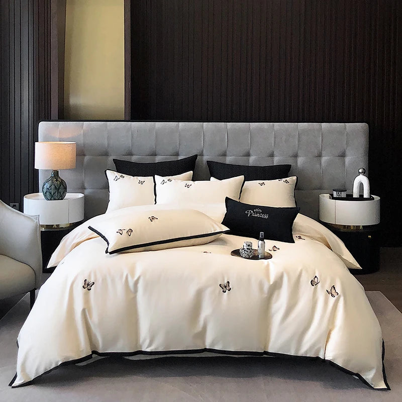 600TC Egyptian Cotton Chic Butterfly Embroidery Bedding Set 100% Cotton Duvet Cover Set Flat/Fitted Bed Sheet Pillowcases 4Pcs