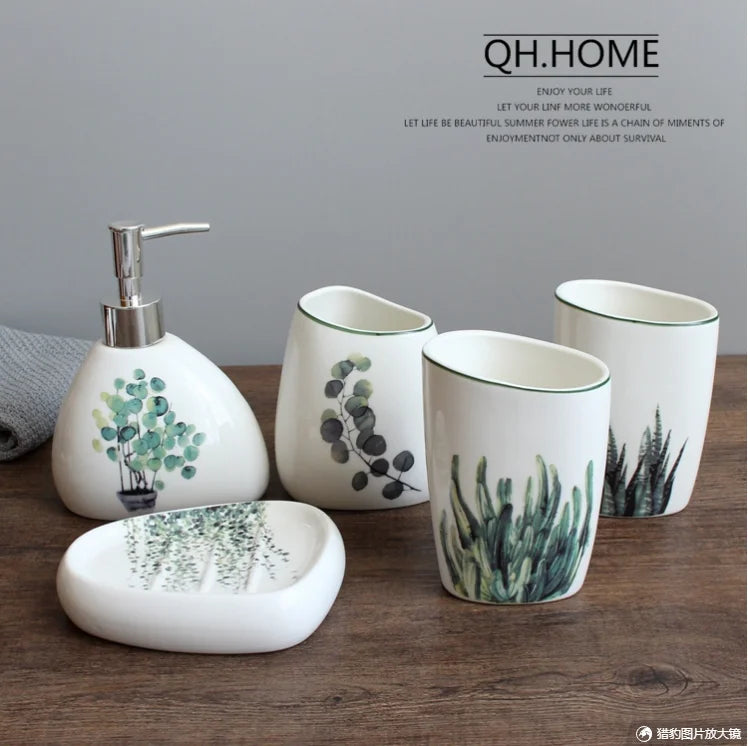 Green Nordic Ceramic Bathroom Set - Soap Dispenser, Toothbrush Holder, Tumbler & Soap Dish for Stylish Bathroom Organization