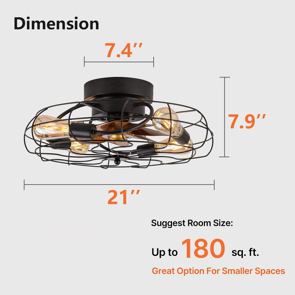 21" Low Profile Caged Ceiling Fan with Lights Remote Control,  Bulb not Included, Farmhouse Small Industrial Black Ceiling Light