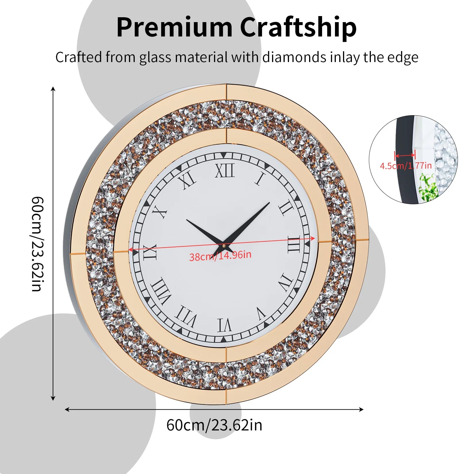 60/80CM Bling Silver Round Mirror Clock Glam Sparkle Twinkle Shining Mirrored Wall Clock for Home Decor