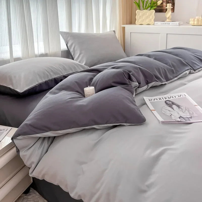 2-side Solid Color Brush Fabric Bed Set 4 Pieces Duvet Cover Pillowcase Bedding Set Bed Sheet Quilt Cover Single Queen King Size