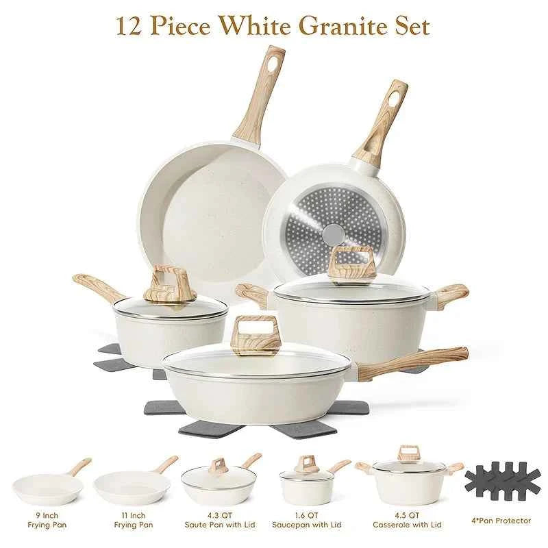 12pcs  pots and pans set, pots and pans cookware sets,Non-Stick Granite Cookware Set Complete Kit with Frying Pans, Casserole, Saucepan, Lids Compatible, Pan Protector - Heavy-Duty Durable Cookware for All Stovetops (Hindu/In