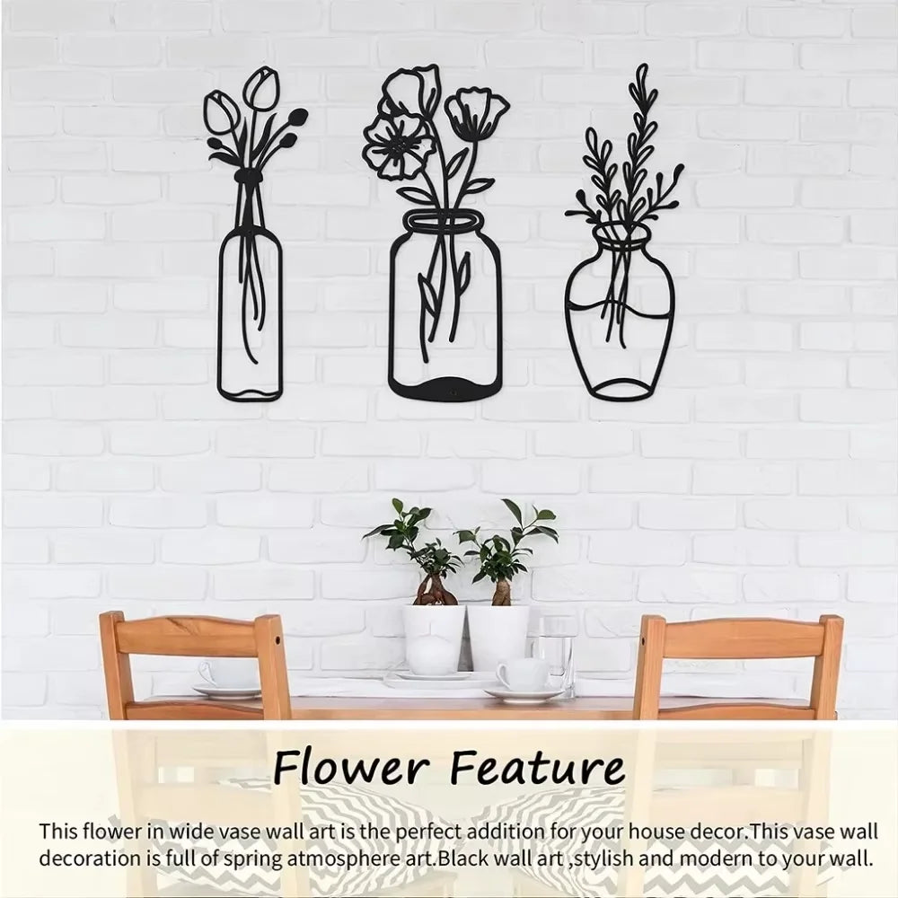 "Uniquely Elegant: Metal Tulip Wall Decor, 3-Piece Black Iron Wire Sculpture for Kitchen & Bathroom Makeover