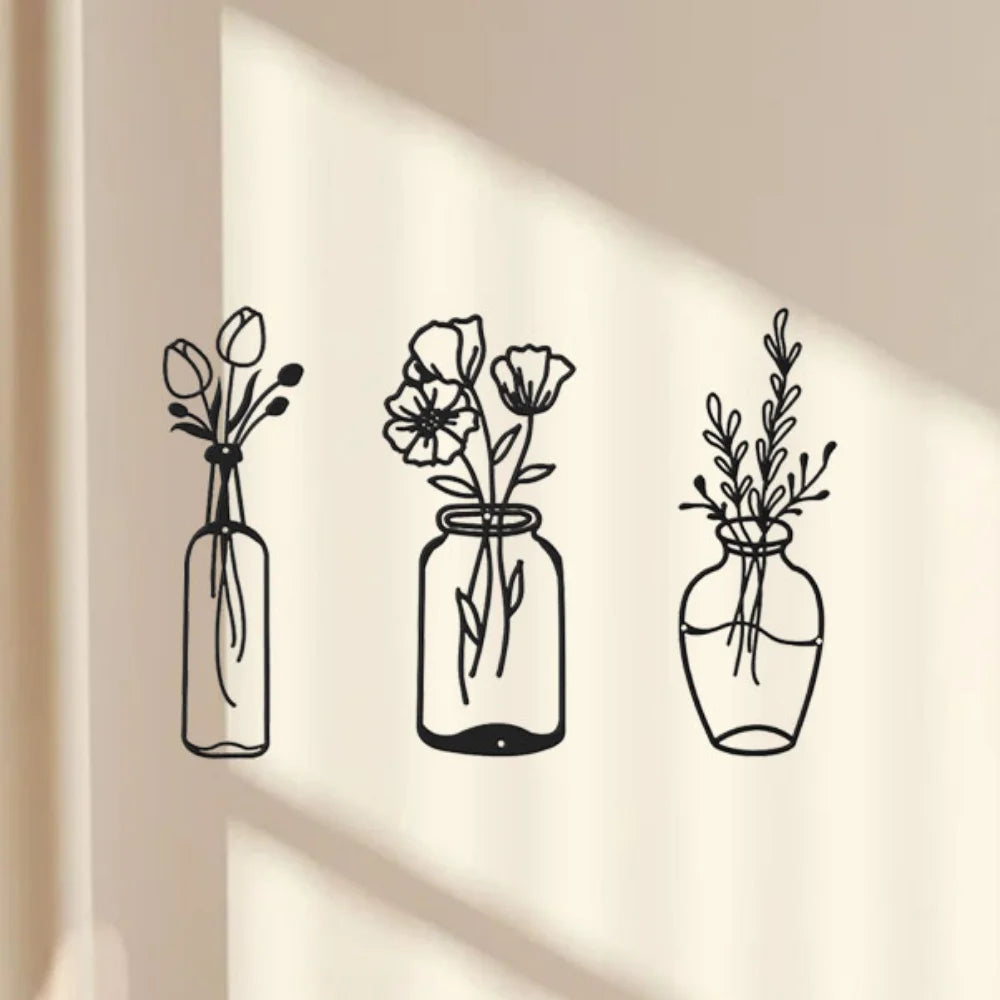 "Uniquely Elegant: Metal Tulip Wall Decor, 3-Piece Black Iron Wire Sculpture for Kitchen & Bathroom Makeover