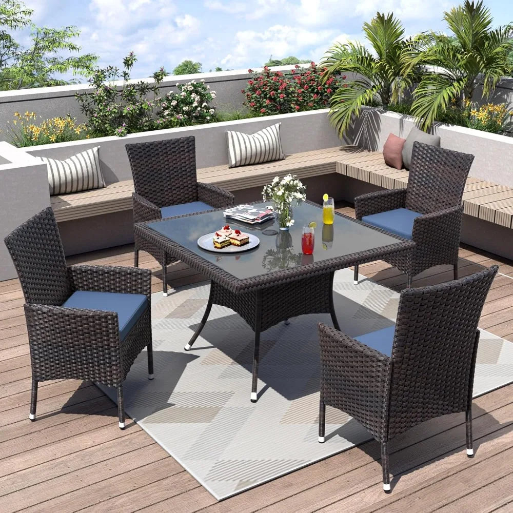 5 Piece Patio Dining Set All-Weather Wicker Outdoor Furniture Set W/Tempered Glass Tabletop, Removable Cushions