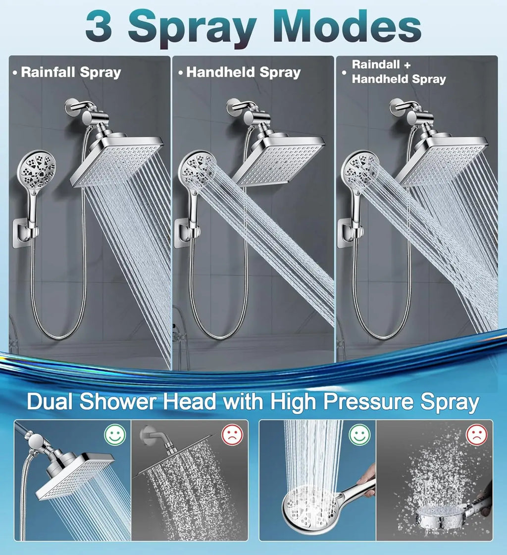 Dual Filter Rain Shower Head Combo with High Pressure, 10 Modes Handheld and 6 Inch Rainfall for Hard Water