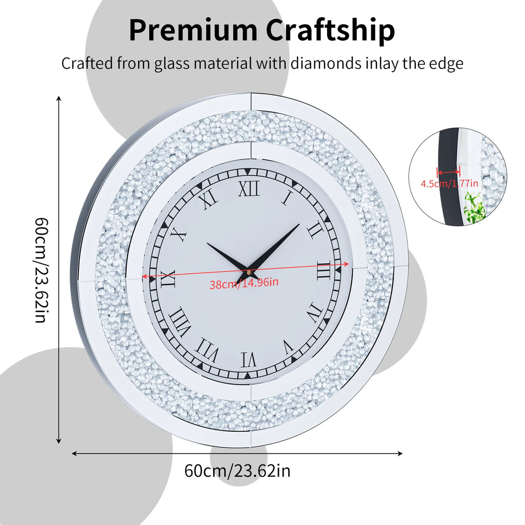60/80CM Bling Silver Round Mirror Clock Glam Sparkle Twinkle Shining Mirrored Wall Clock for Home Decor