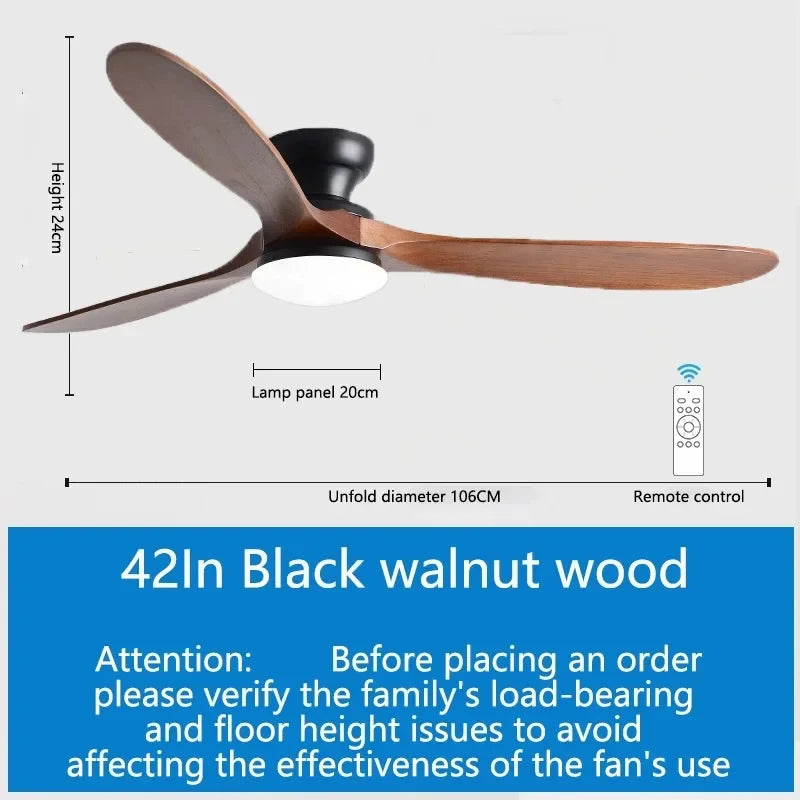 42/52inch Low Floor Ceiling Fan Light Remote Control Led Llights Indoor Restaurant Solid wood fan leaves With Fan Chandelier