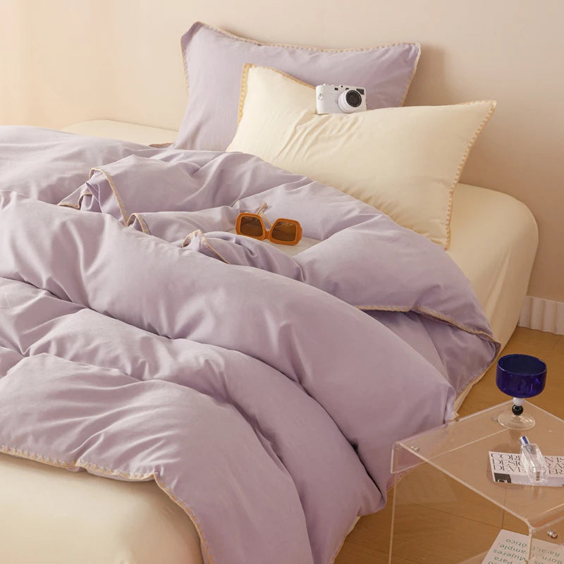Purple Blue Bedding Set Protein Durable Washed Cotton Color Block Shell Embroidery Comforter Cover Full Size with Pillowcases