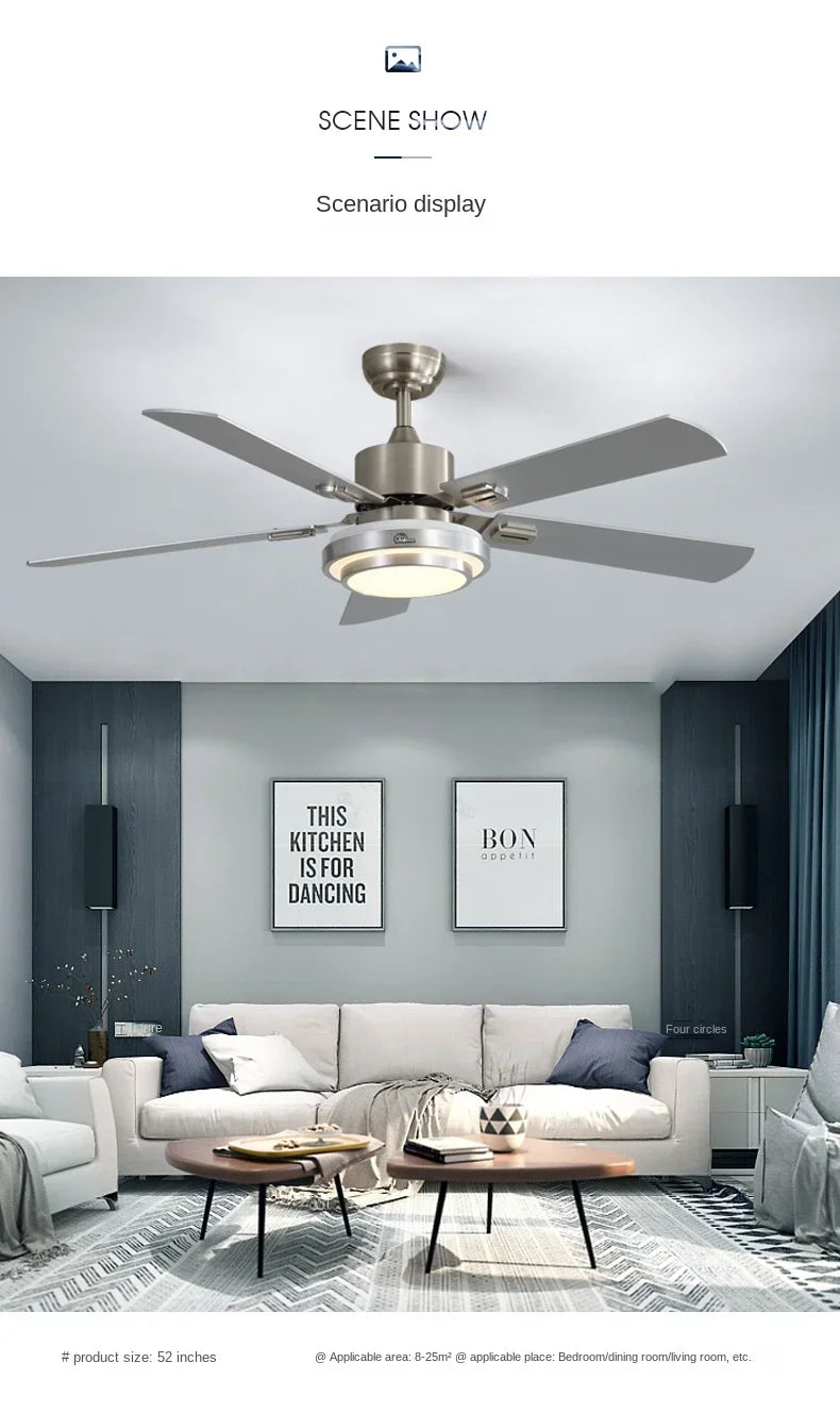 Modern Stainless Steel Ceiling Fan Lights with Lights Restaurant Fan Lights, Remote Dimming, Energy-saving Silent Pendant Lights