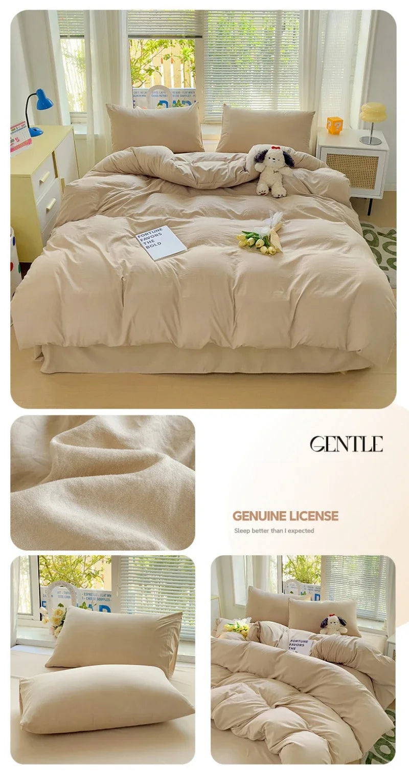 Solid Bed Linen Cotton Bedding Set 4pcs with Sheet Duvet Cover Pillowcases Single Couple Bedsheet Single Couple Twin Size