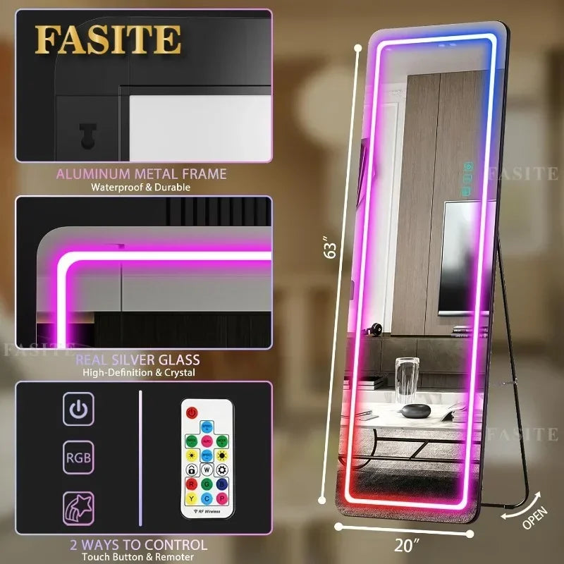 RGB LED Full Length Mirror With Lights, 63"x20" Floor Mirror Dimming Lights, Standing Wall Mounted Hanging