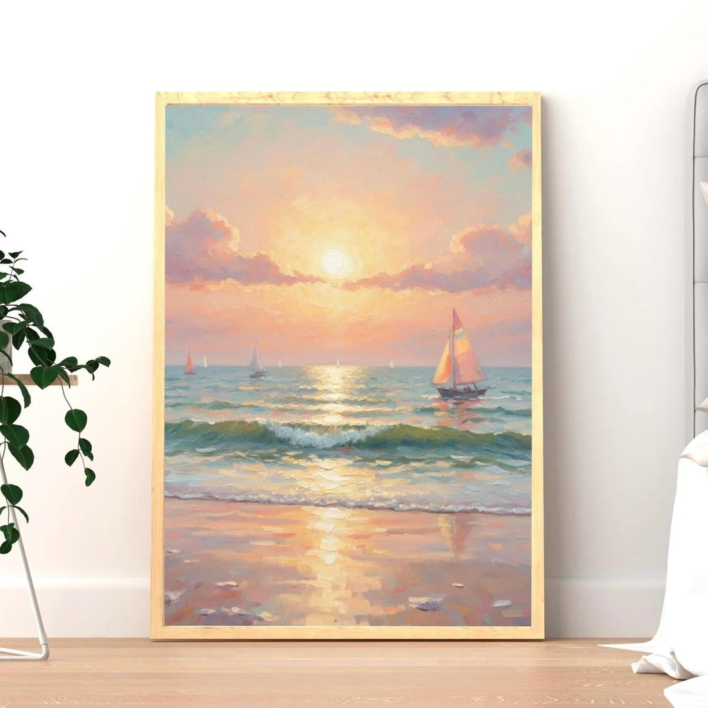 Pastel Sunset Print Blush Pink Coastal Beach Preppy Ocean Painting Poster Boho Wall Art Decor Girly Dorm Teen Room Prints Framed