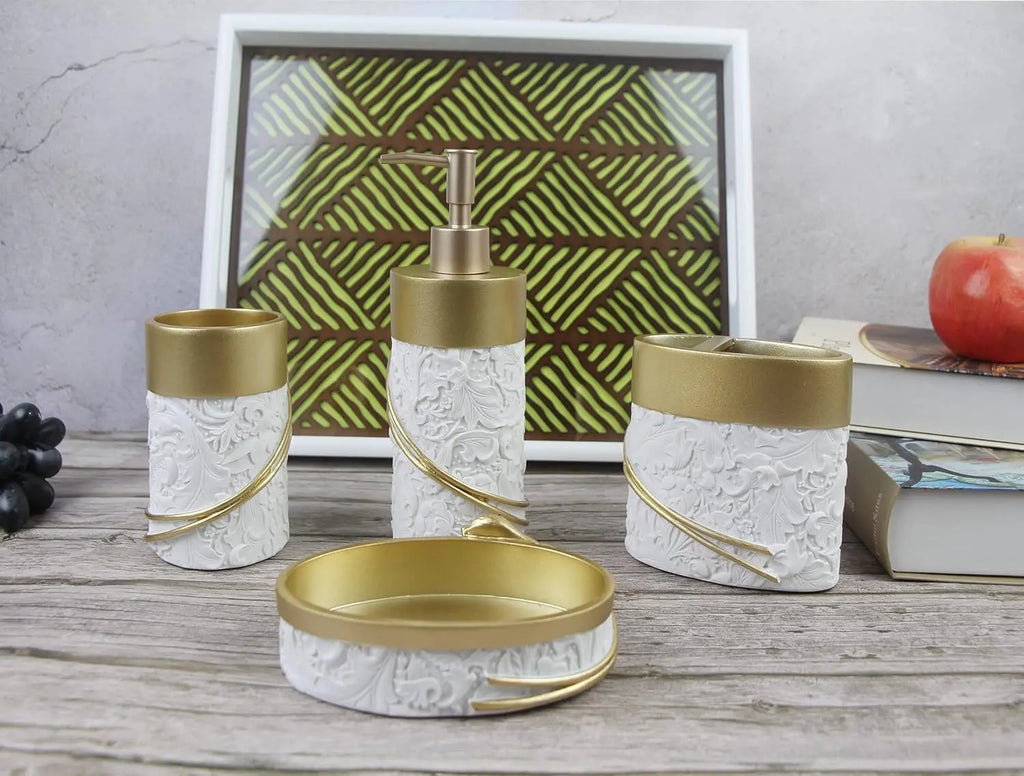 Golden Farmhouse Bathroom Decor Set, 4-Piece Resin Accessories with Toothbrush Holder and Soap Dispenser