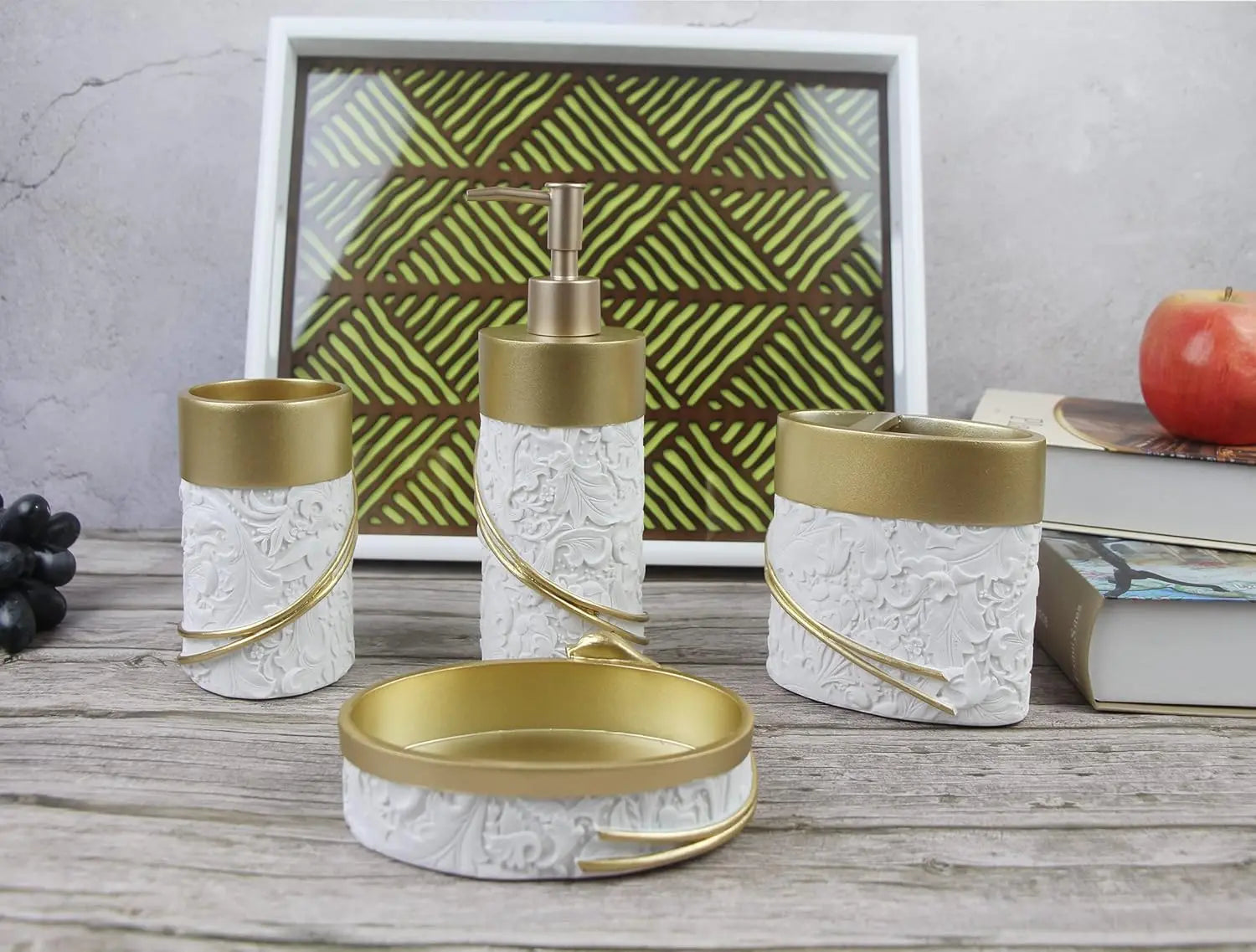 Golden Farmhouse Bathroom Decor Set, 4-Piece Resin Accessories with Toothbrush Holder and Soap Dispenser