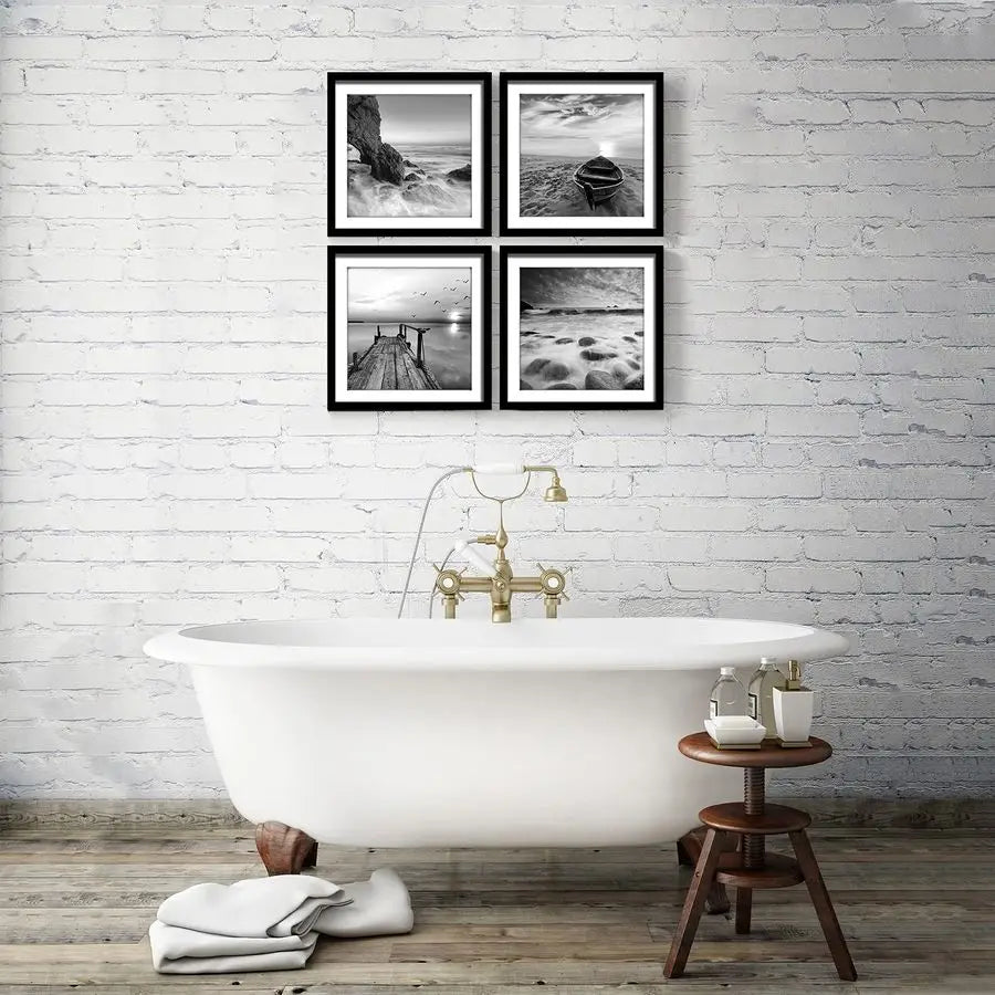 Panels Set Framed Canvas Print for Seascape Beach and Boat Sunrise Scenery Black and White Giclee Canvas Print Wall Art Ready to