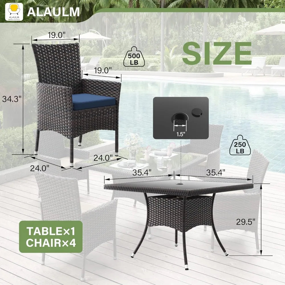 5 Piece Patio Dining Set All-Weather Wicker Outdoor Furniture Set W/Tempered Glass Tabletop, Removable Cushions