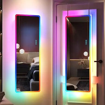 LED RGB Lighted Full Length Wall Mirror, Over Door Hanging Mirror, Full Body Mirror with Lights, 14 Length, Ideal for Home and S