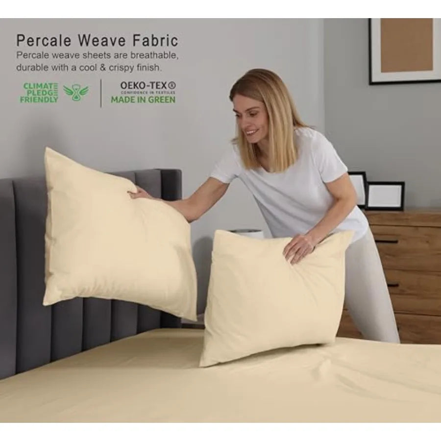 00% Cotton Sheets  Size Percale BeddinCoolinand Breaable  wi a Crisp Soft and Comforble Feel 6" Deep Poet 4-Piece Set Beige