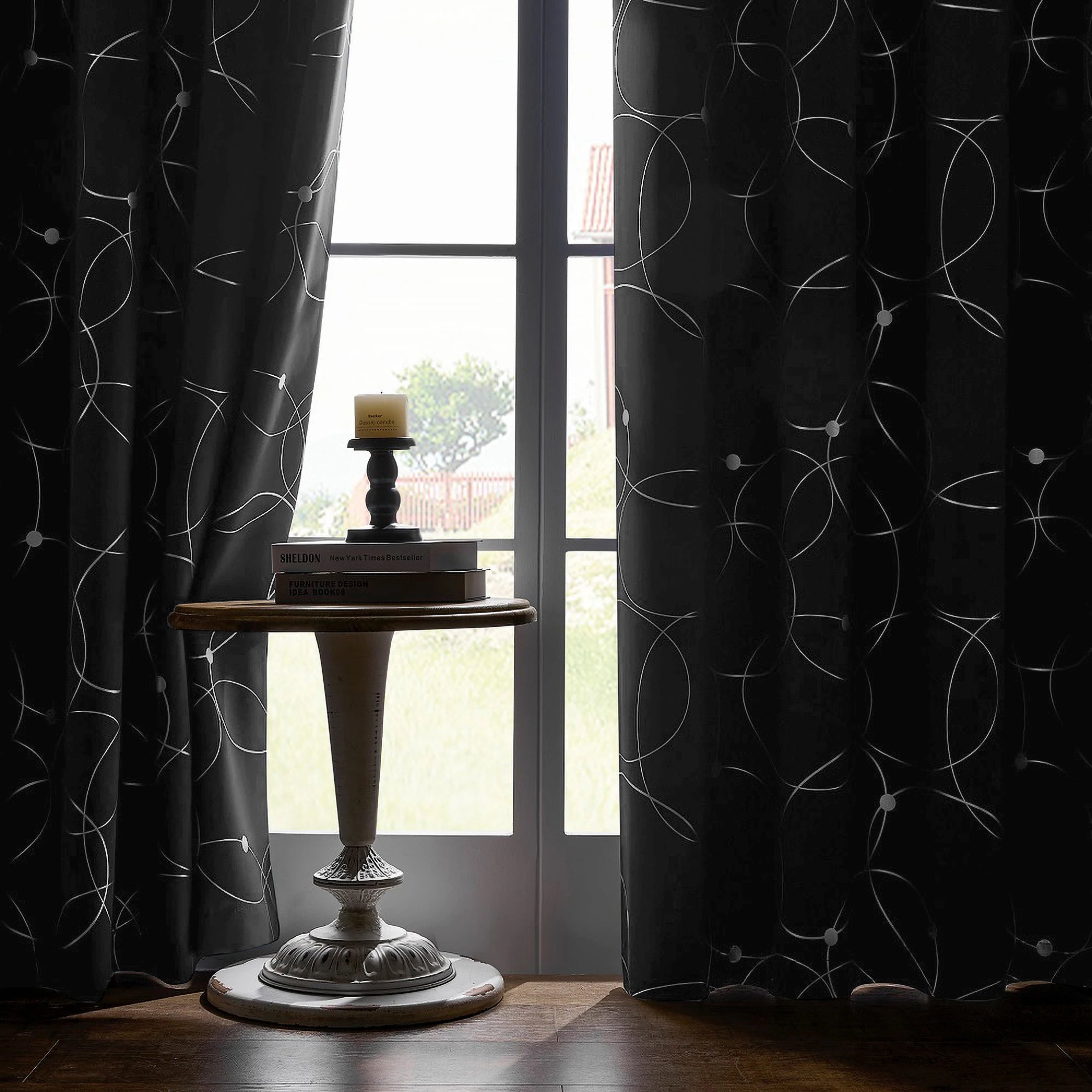 4PCSBlackout Curtains Grommet Thermal Insulated Room Darkening  With Circle And Dots Foil Printed For Bedroom