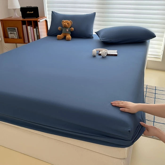 Solid  Colour Washed Fitted Sheet with Elastic Bands Non Slip Adjustable Mattress Cover for Single Double King Queen Bed