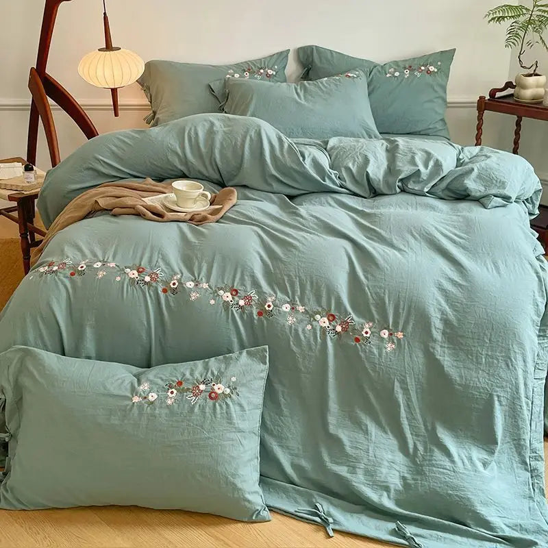 New Chinese embroidery washed cotton soft quilt cover bed sheet four-piece set