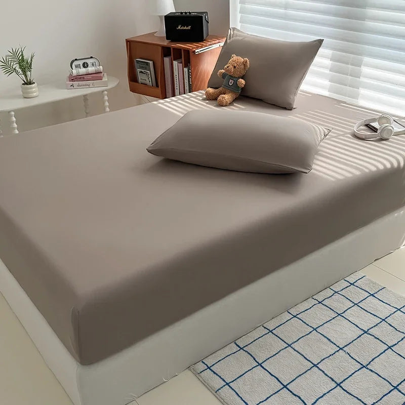 Solid  Colour Washed Fitted Sheet with Elastic Bands Non Slip Adjustable Mattress Cover for Single Double King Queen Bed