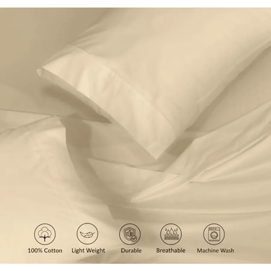 00% Cotton Sheets  Size Percale BeddinCoolinand Breaable  wi a Crisp Soft and Comforble Feel 6" Deep Poet 4-Piece Set Beige