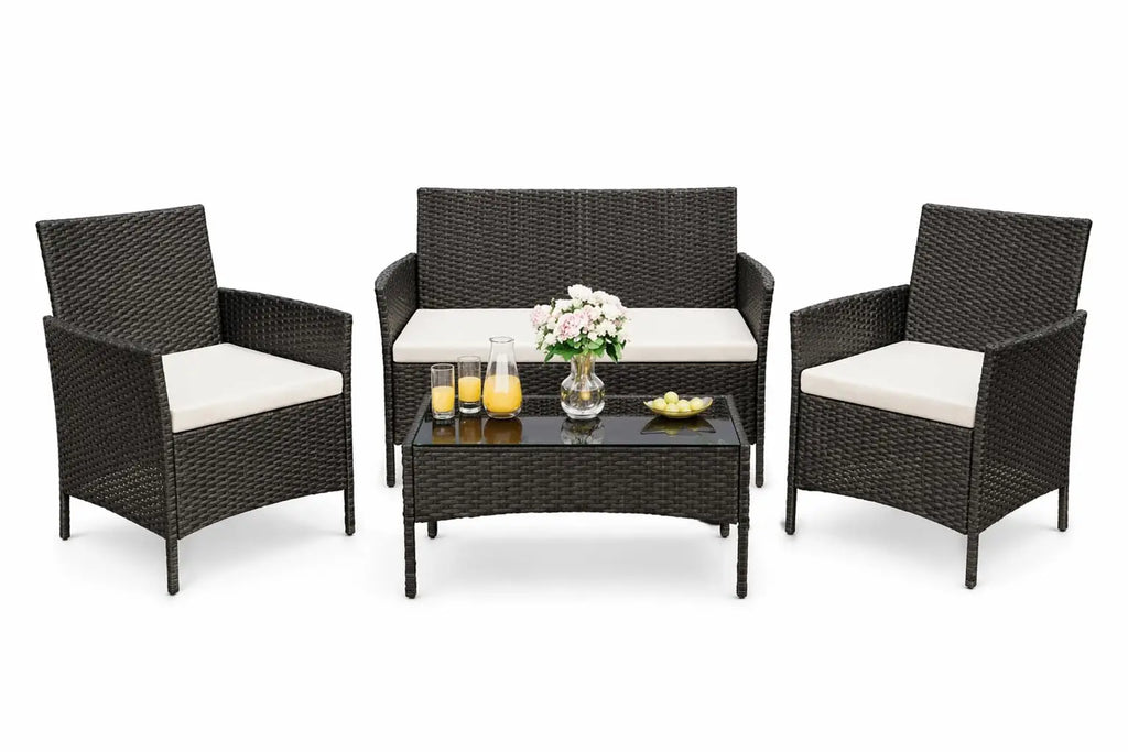 4pcs Patio Furniture Set, 1 Glass Coffee Table And 3 Cushioned Chairs, Outdoor Furniture For Garden Balcony Backyard Poolside