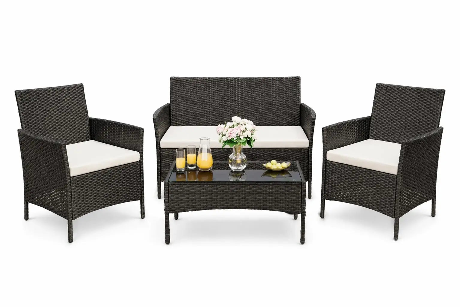 4pcs Patio Furniture Set, 1 Glass Coffee Table And 3 Cushioned Chairs, Outdoor Furniture For Garden Balcony Backyard Poolside
